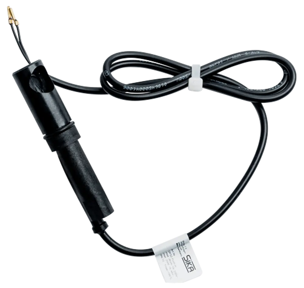 Flowswitch mit schwarzem Gehäuse und Kabel, für die horizontale Montage, verpackt mit einem Etikett der Marke Wolf für technische Informationen.